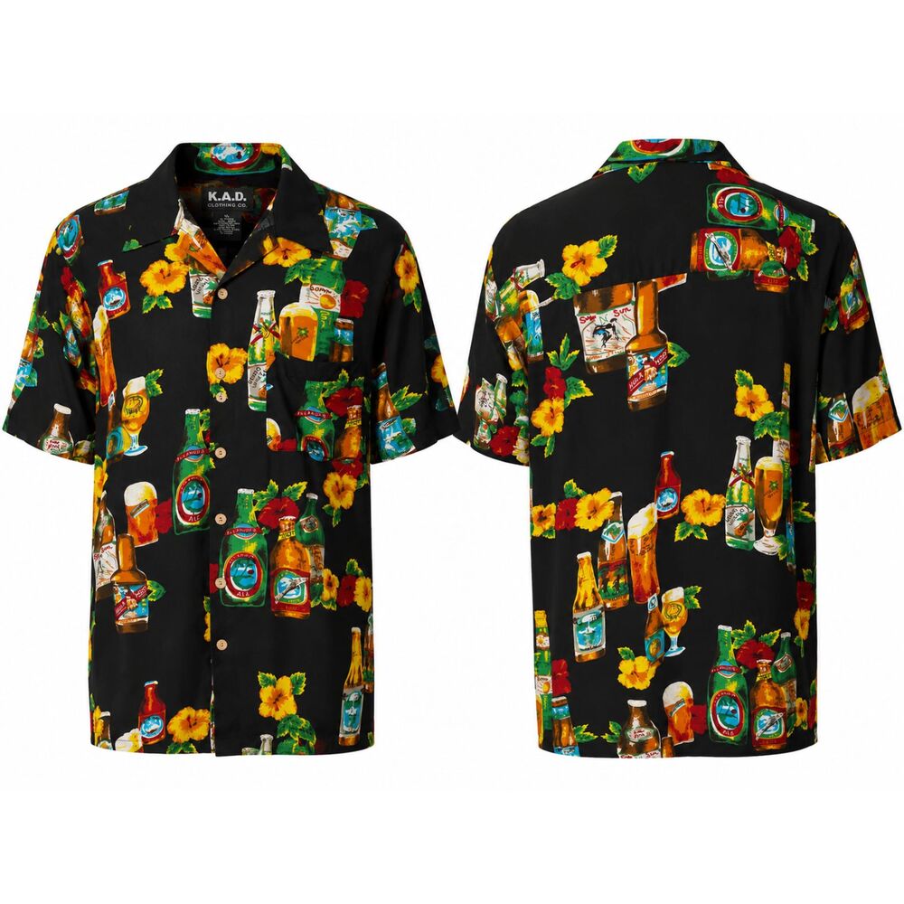Vintage KAD Hawaiian Beer Button Up Shirt XL Black Rayon Camp